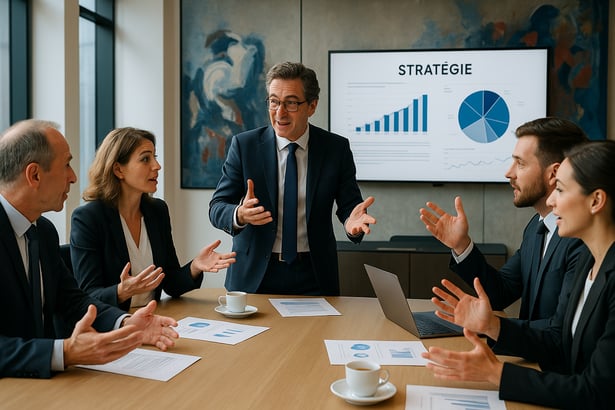 In a sleek modern conference room bathed in natural light a group of French business professionals engages in a dynamic meeting Dressed in sharp suits and elegant attire they animatedly discuss strategy their hands animatedly emphasizing key points T-1